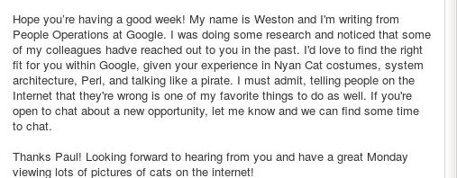 RT @pjf: Holy smokes. A Google recruiter sent me a…